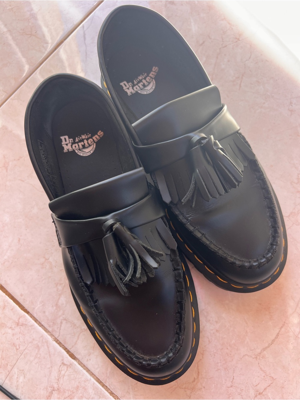 Dr. Martens Black Leather Tassel Loafers with Yellow Stitching LIKE NEW! Sz 9 - Picture 2 of 11